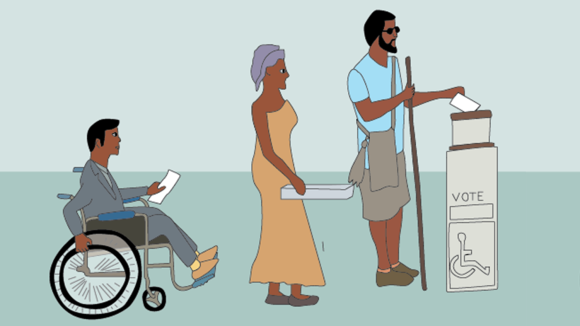 A cartoon of a wheelchair user, a man with a walking stick and a woman waiting in line at a polling station.